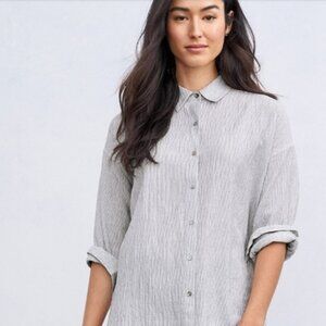 Eileen Fisher Size XL Organic Cotton Tencel Blue Boxy OVERSIZE Pinstripe Shirt